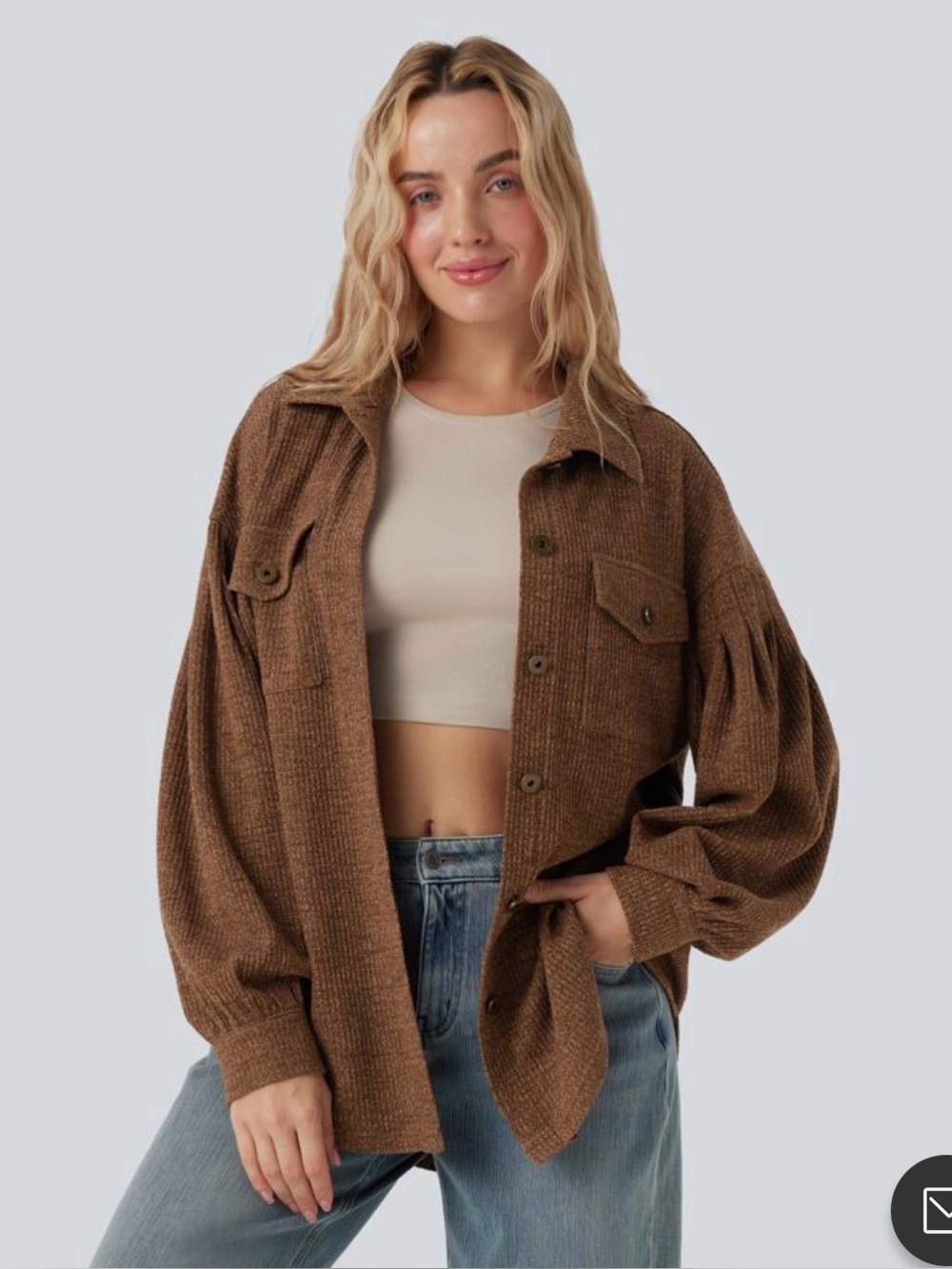 HALARA Brown Button-Front Knit Shirt Jacket
